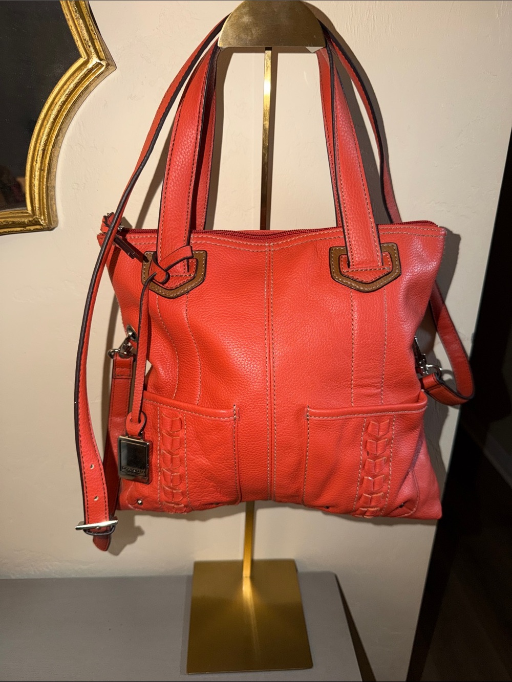 Tignanello Coral-Red Leather Shoulder Bag with Braided Pocket Detail